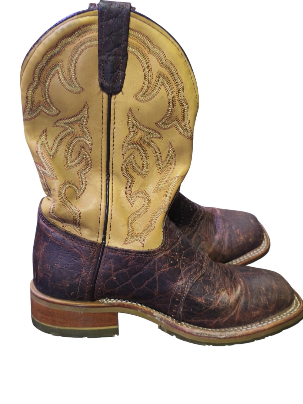 Double H Brown Leather Foot with Yellow Embroidered Shaft Cowboy Boots